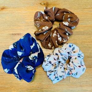 Floral Scrunchie Set - Blue, Brown, Cream hair ties accessories